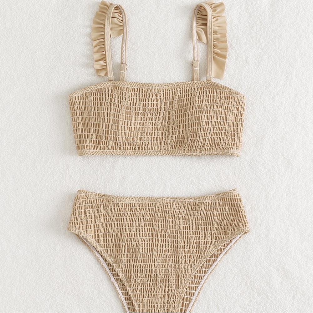 Neutral Minimalist High Waist Khaki Frill Ruffle Trim Bikini Swimsuit